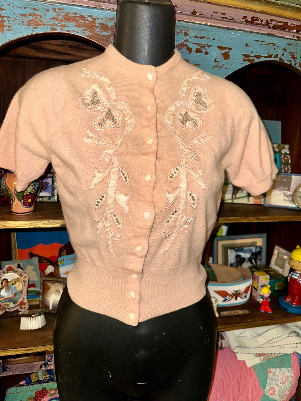 VINTAGE PEACH BALMORAL CASHMERE RHINESTONES & RIBBON TRIM CARDIGAN SWEATER
